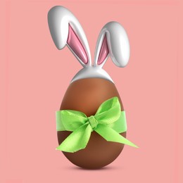 Illustration of Happy Easter. Chocolate egg with bunny ears and green bow on pink background