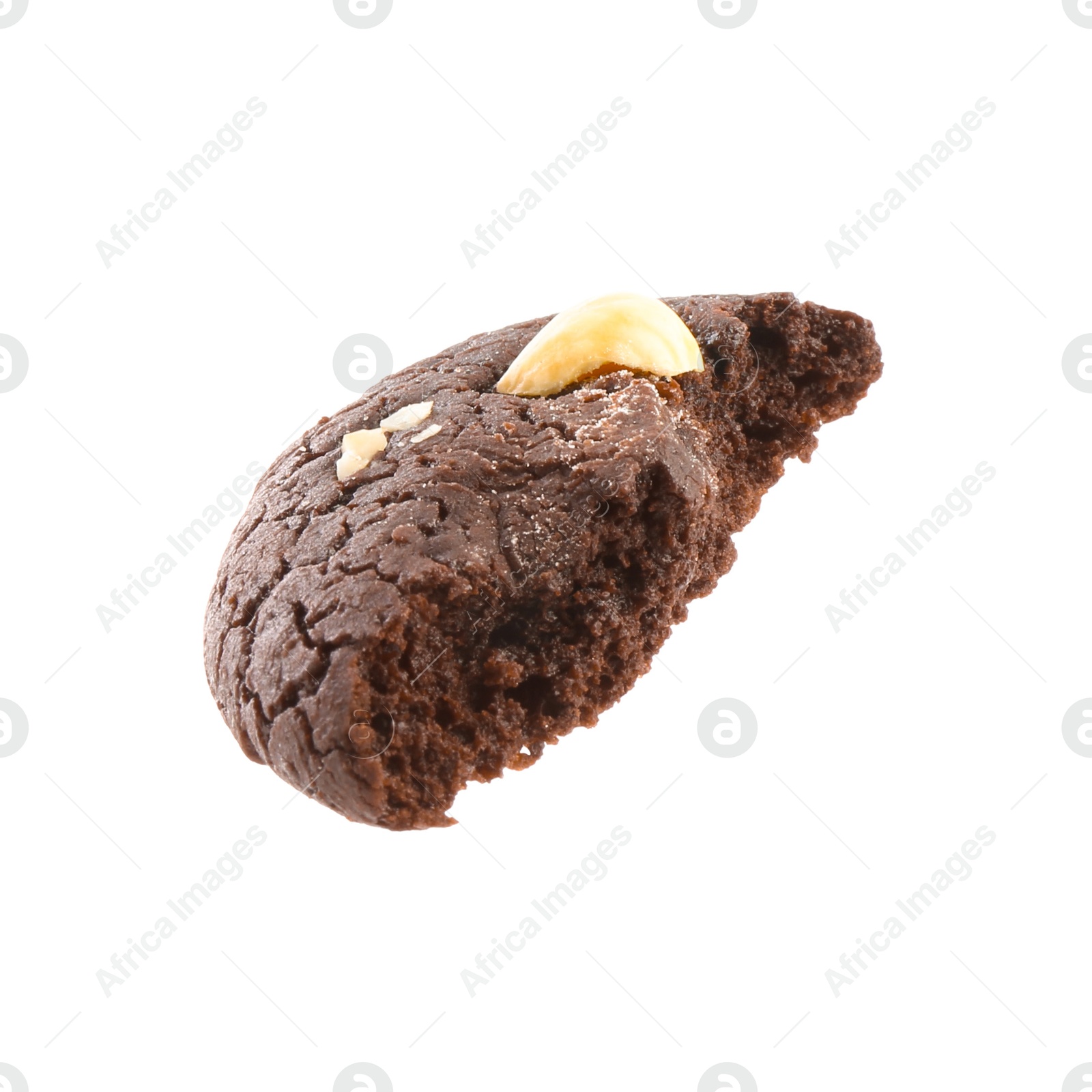 Photo of Piece of tasty chocolate nut cookie isolated on white