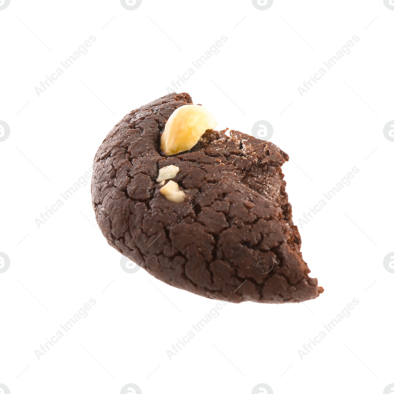 Photo of Piece of tasty chocolate nut cookie isolated on white