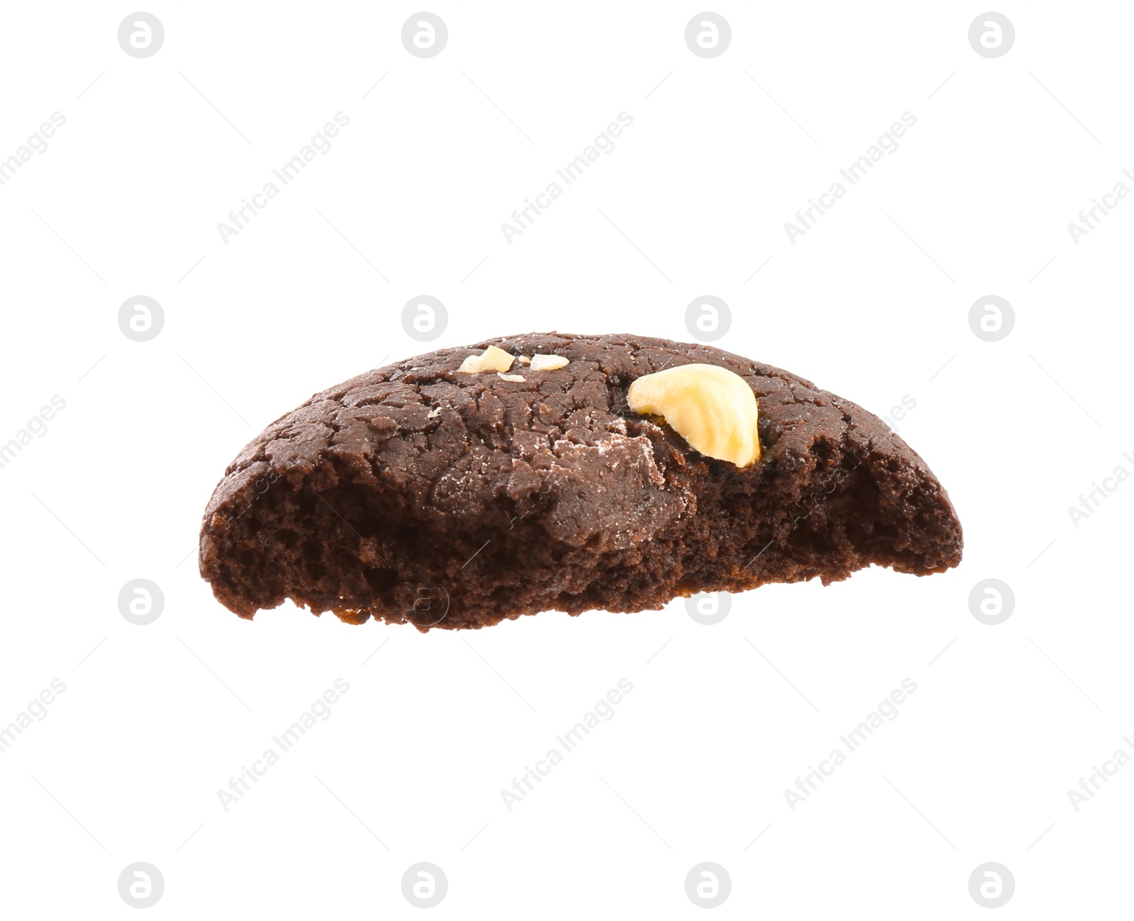 Photo of Piece of tasty chocolate nut cookie isolated on white