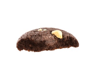 Photo of Piece of tasty chocolate nut cookie isolated on white