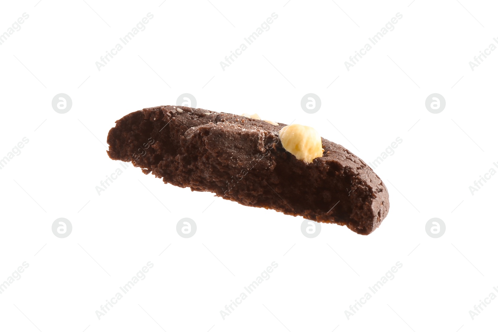 Photo of Piece of tasty chocolate nut cookie isolated on white