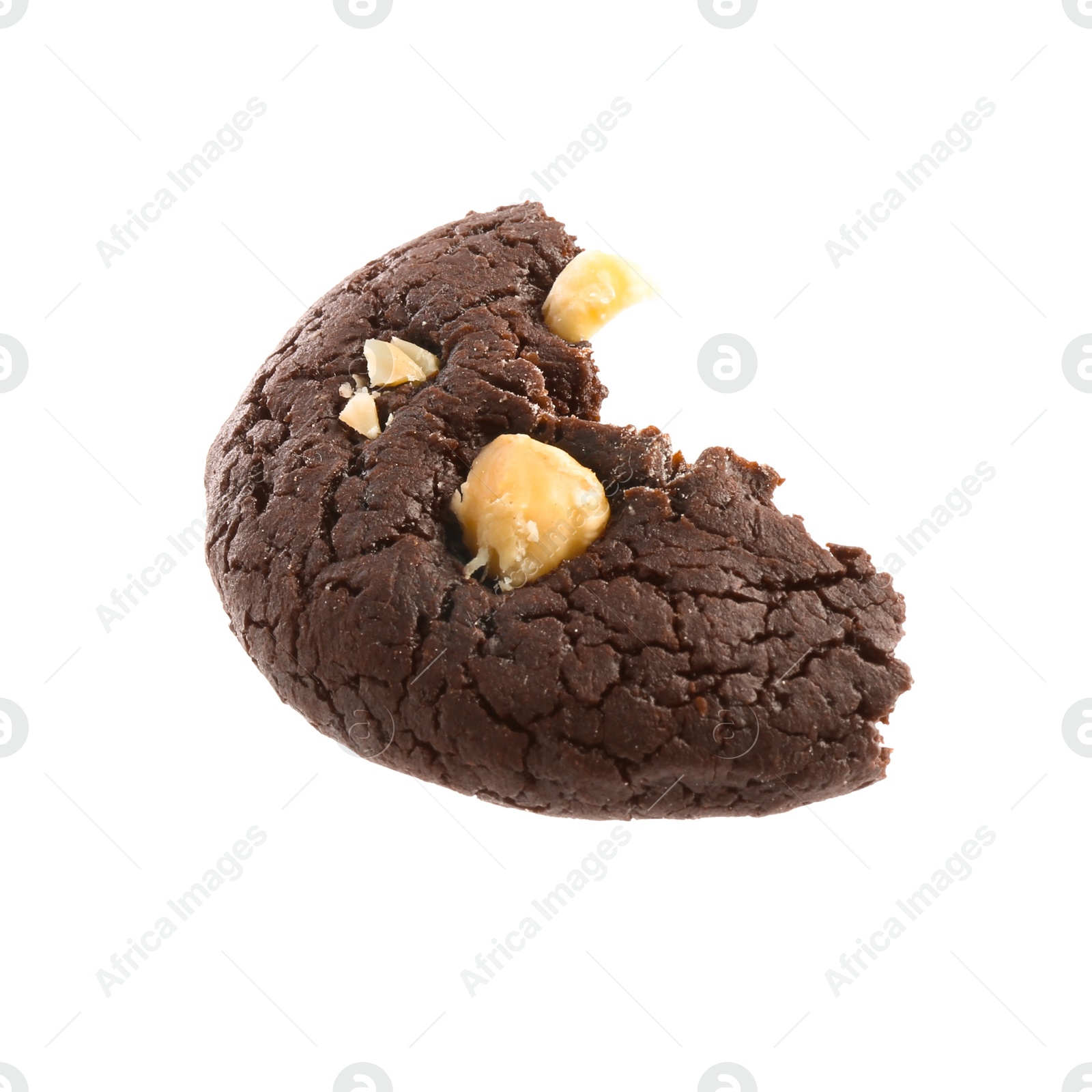 Photo of Piece of tasty chocolate nut cookie isolated on white