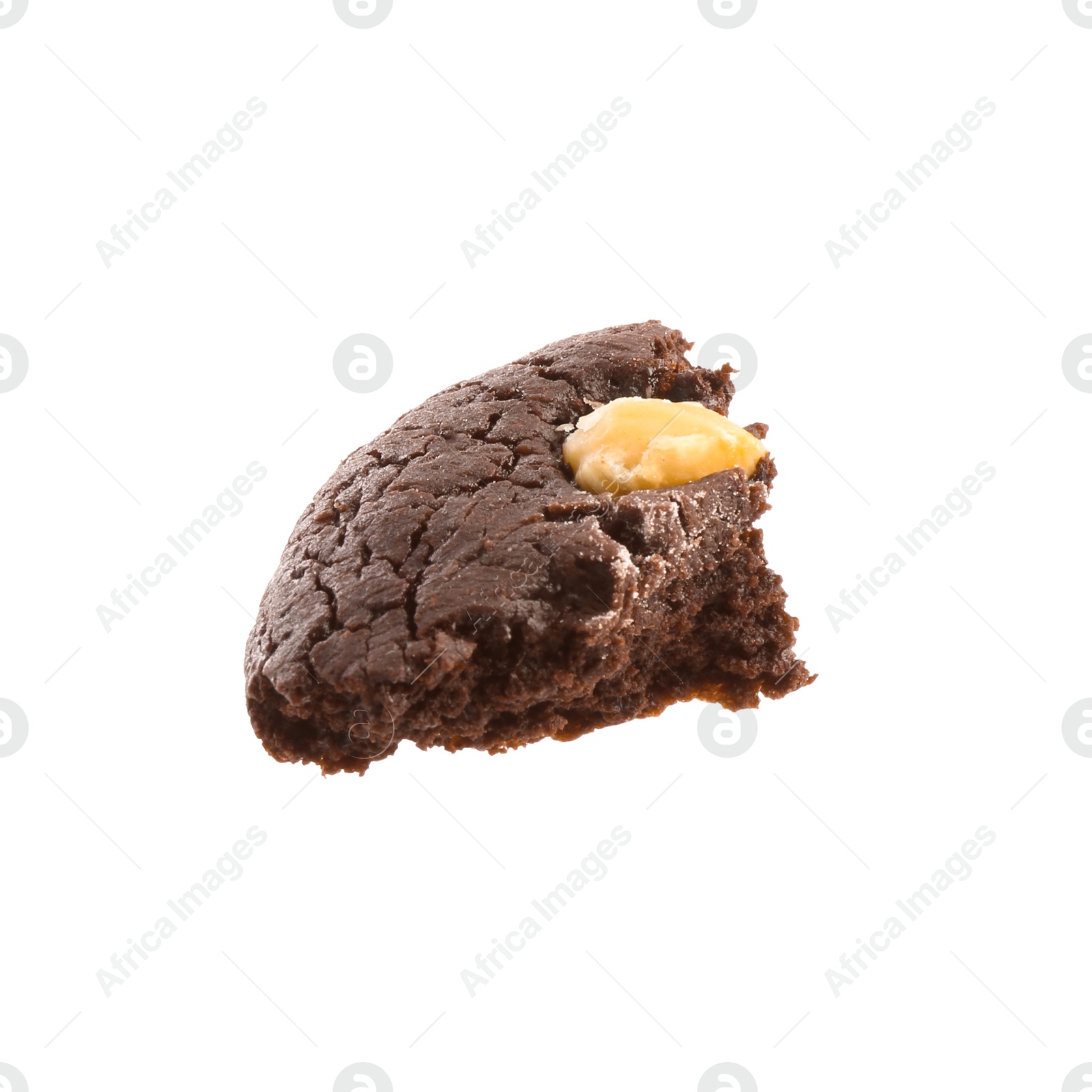 Photo of Piece of tasty chocolate nut cookie isolated on white