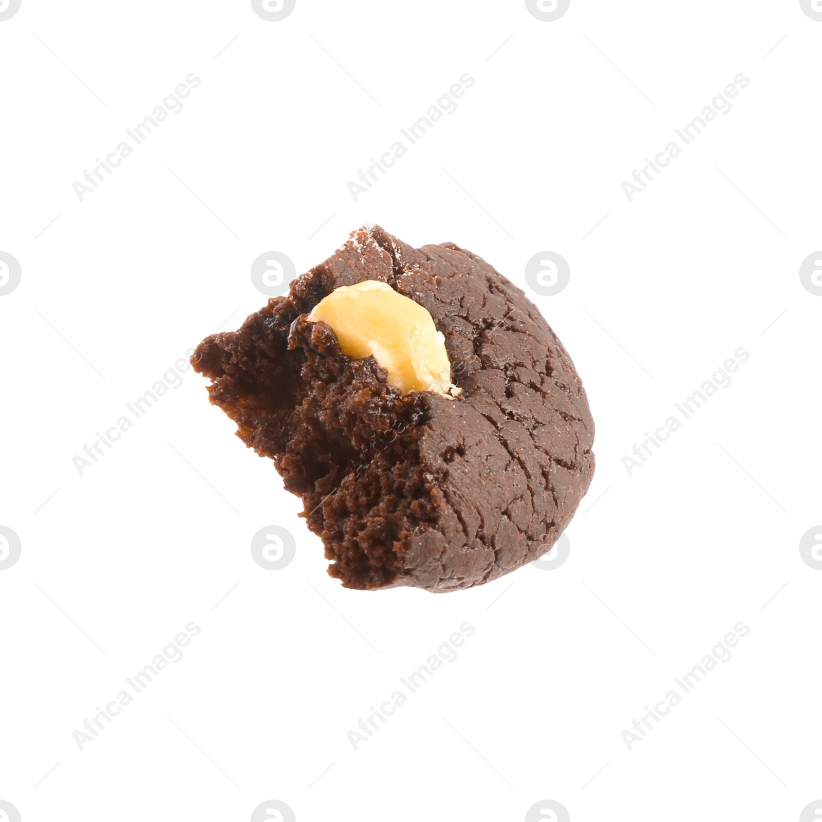 Photo of Piece of tasty chocolate nut cookie isolated on white