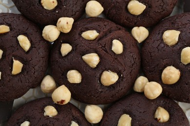 Photo of Tasty chocolate cookies with hazelnuts, closeup view