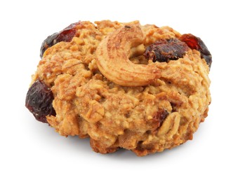 Photo of One delicious oatmeal cookie with dried cranberries and nuts isolated on white