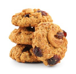 Photo of Delicious oatmeal cookies with dried cranberries and nuts isolated on white