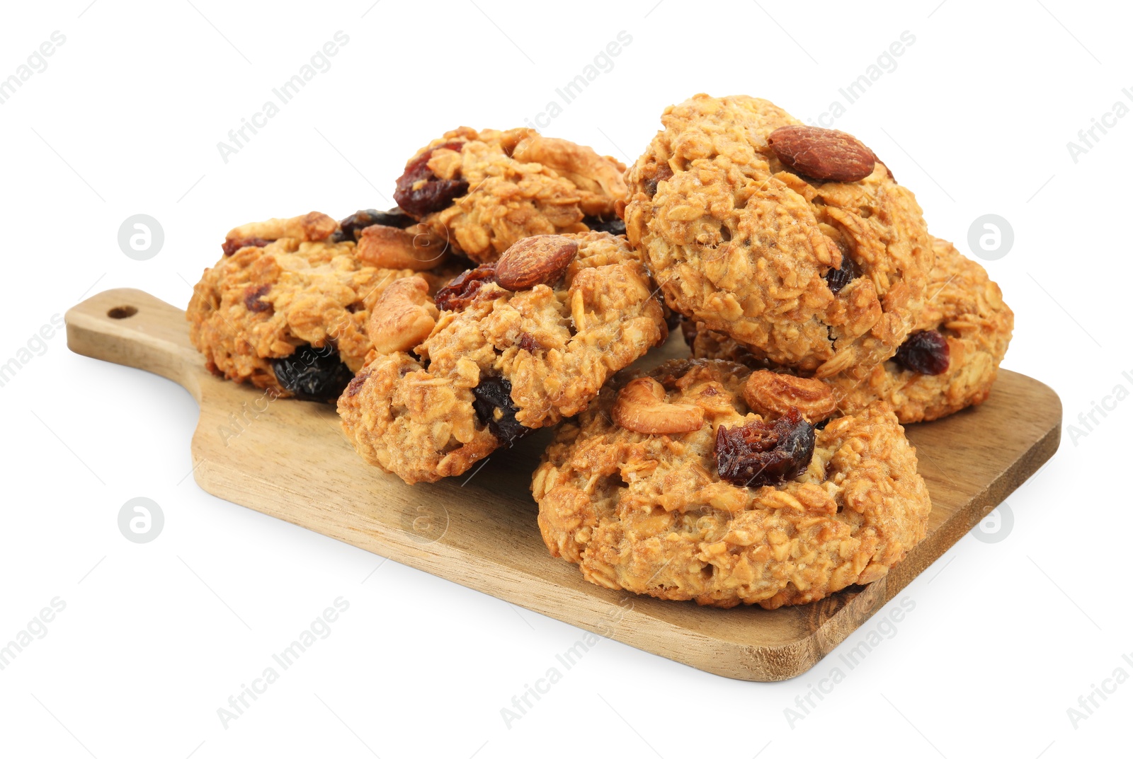 Photo of Delicious oatmeal cookies with dried cranberries and nuts isolated on white