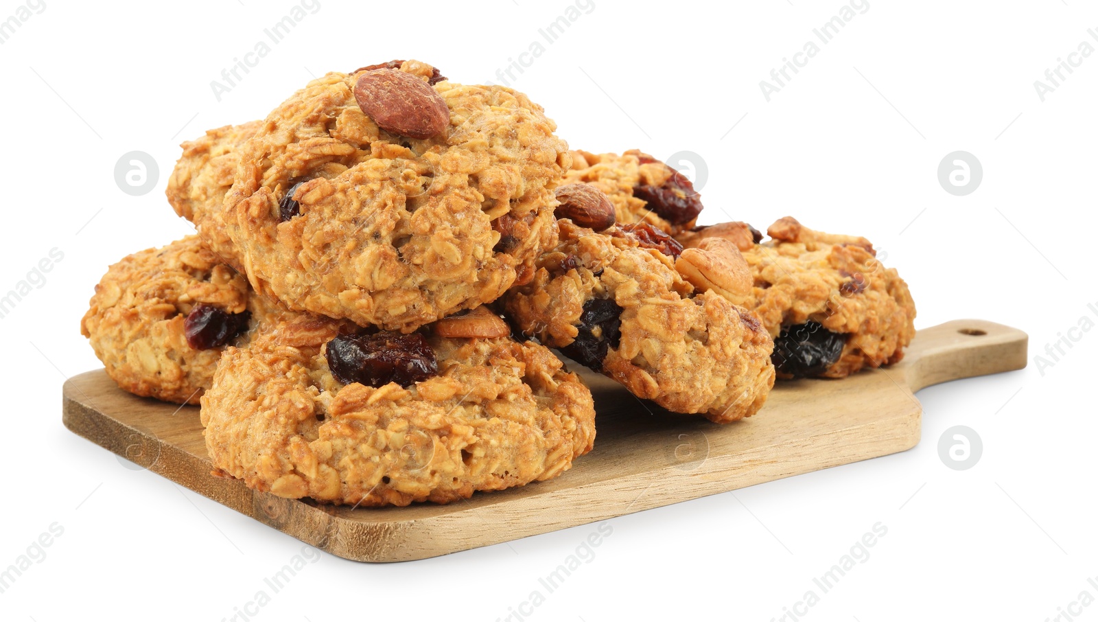 Photo of Delicious oatmeal cookies with dried cranberries and nuts isolated on white