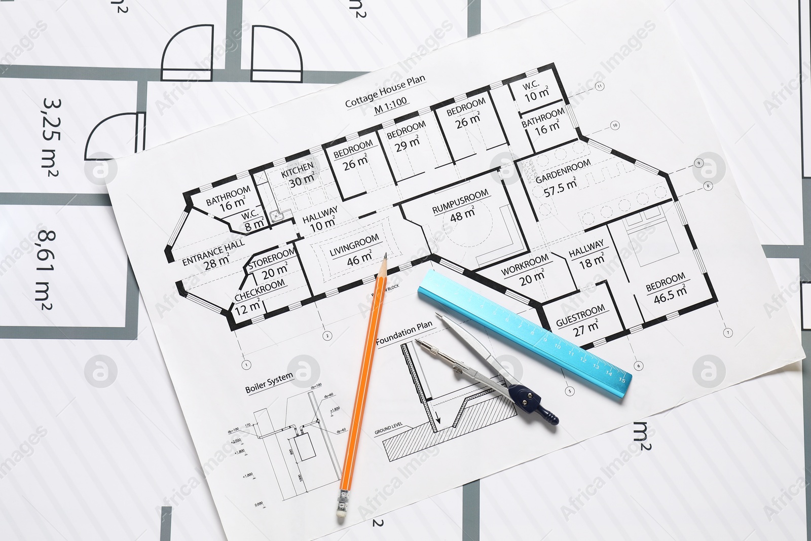 Photo of Pencil, dividers and ruler on different engineering drawings, top view