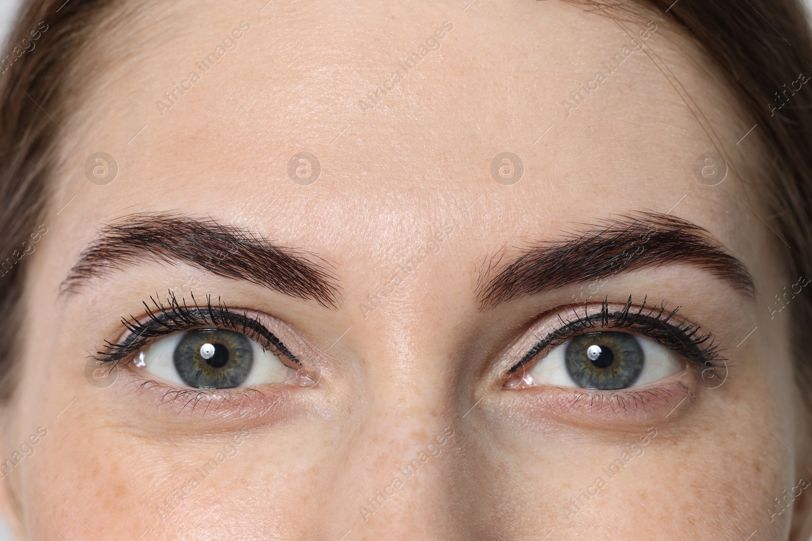 Photo of Beautiful young woman after henna eyebrows dyeing, closeup