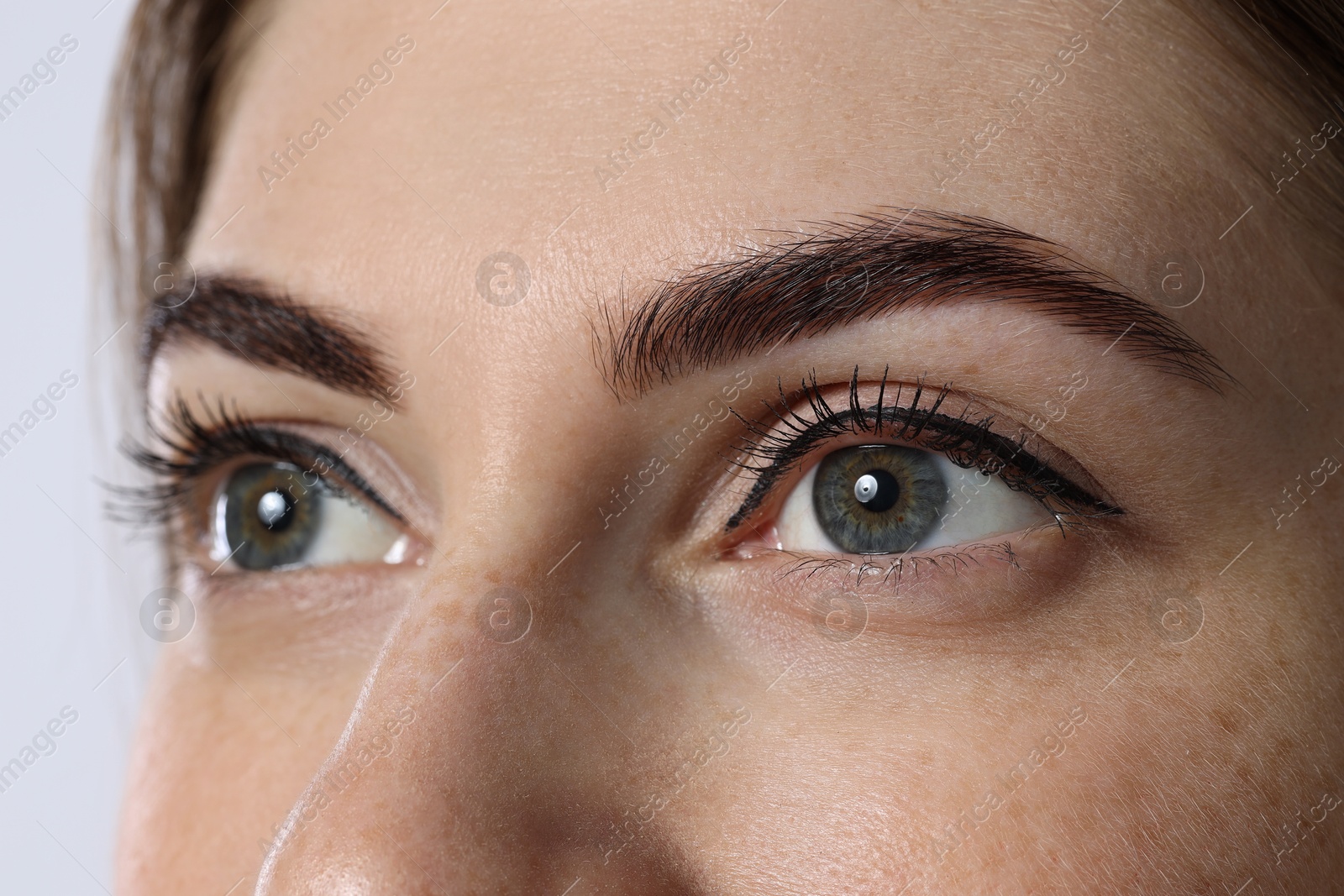 Photo of Beautiful young woman after henna eyebrows dyeing, closeup