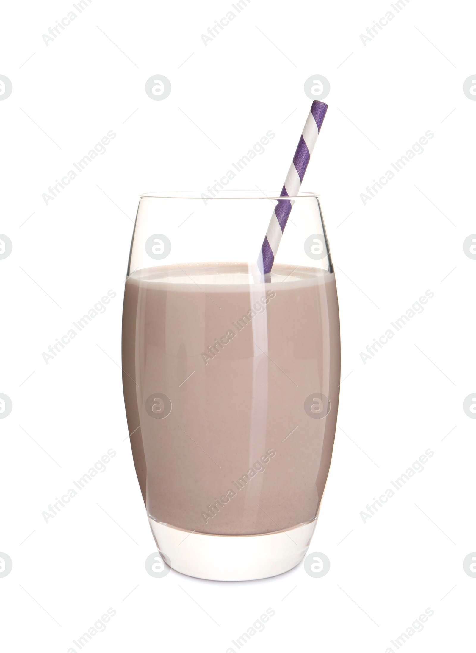 Photo of Delicious protein shake in glass isolated on white