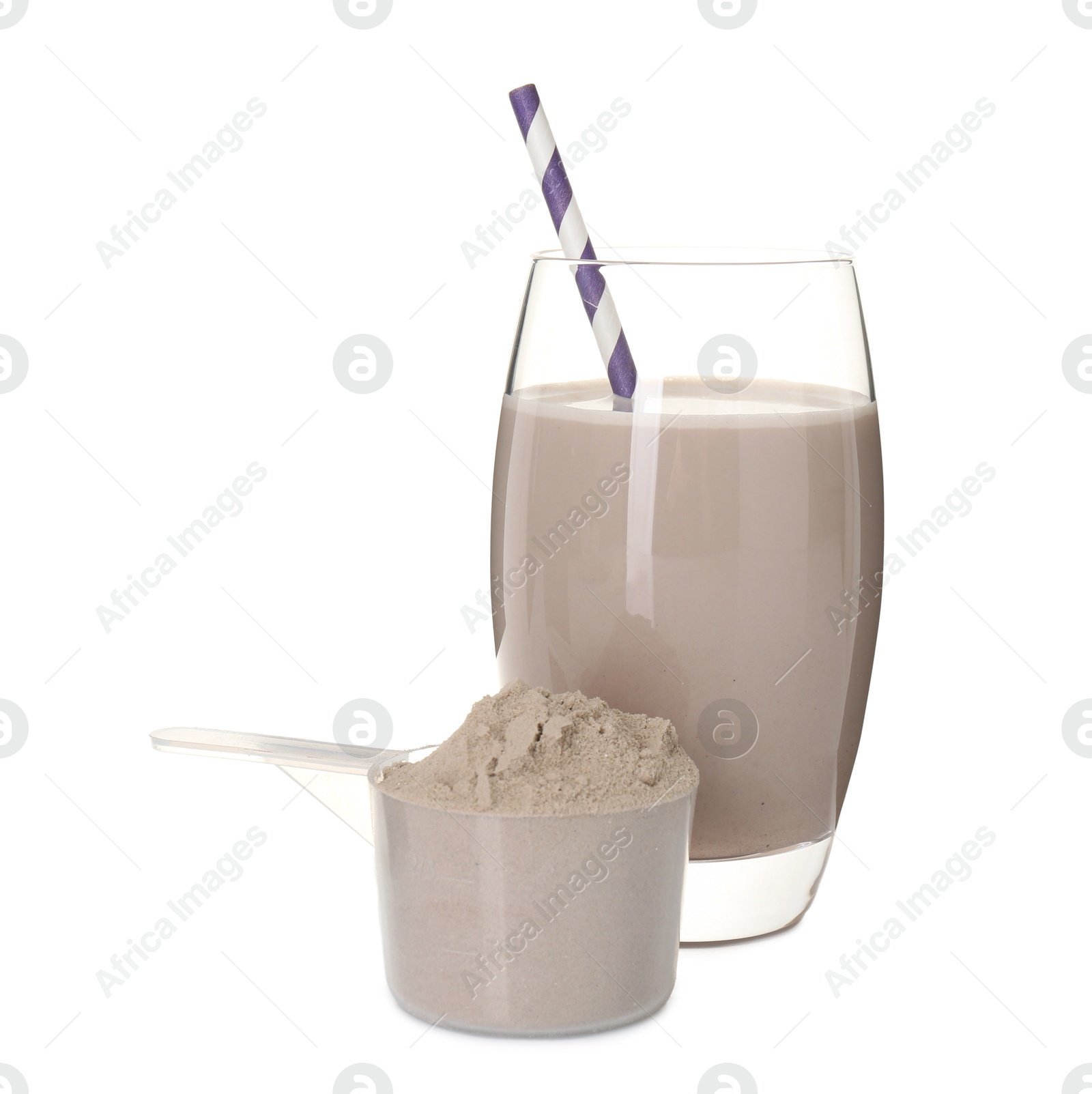 Photo of Delicious protein shake in glass and scoop with powder isolated on white