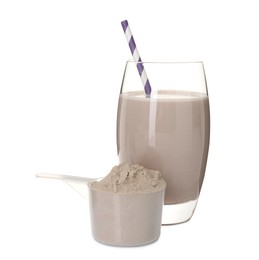 Photo of Delicious protein shake in glass and scoop with powder isolated on white