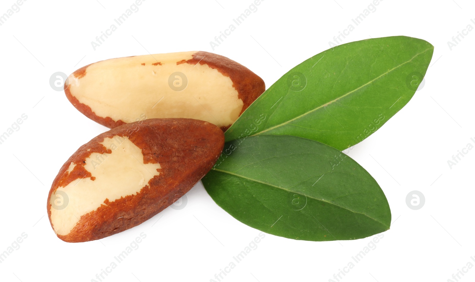 Photo of Tasty Brazil nuts with green leaves isolated on white