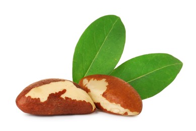 Photo of Tasty Brazil nuts with green leaves isolated on white