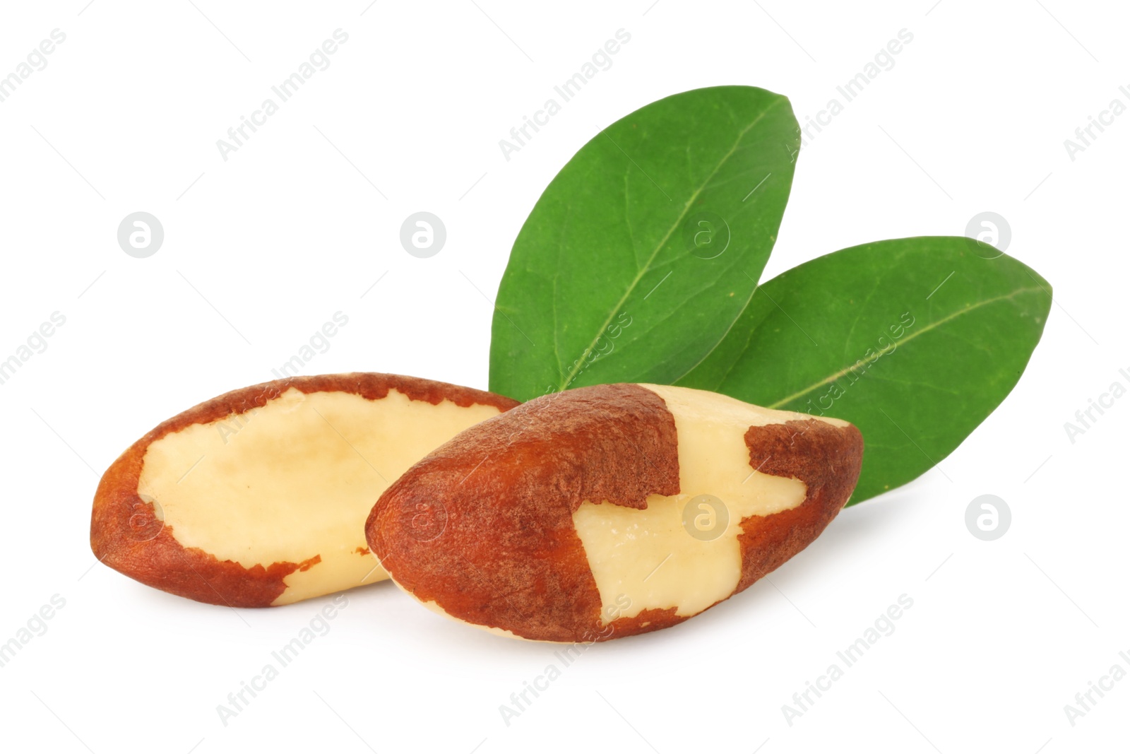 Photo of Tasty Brazil nuts with green leaves isolated on white