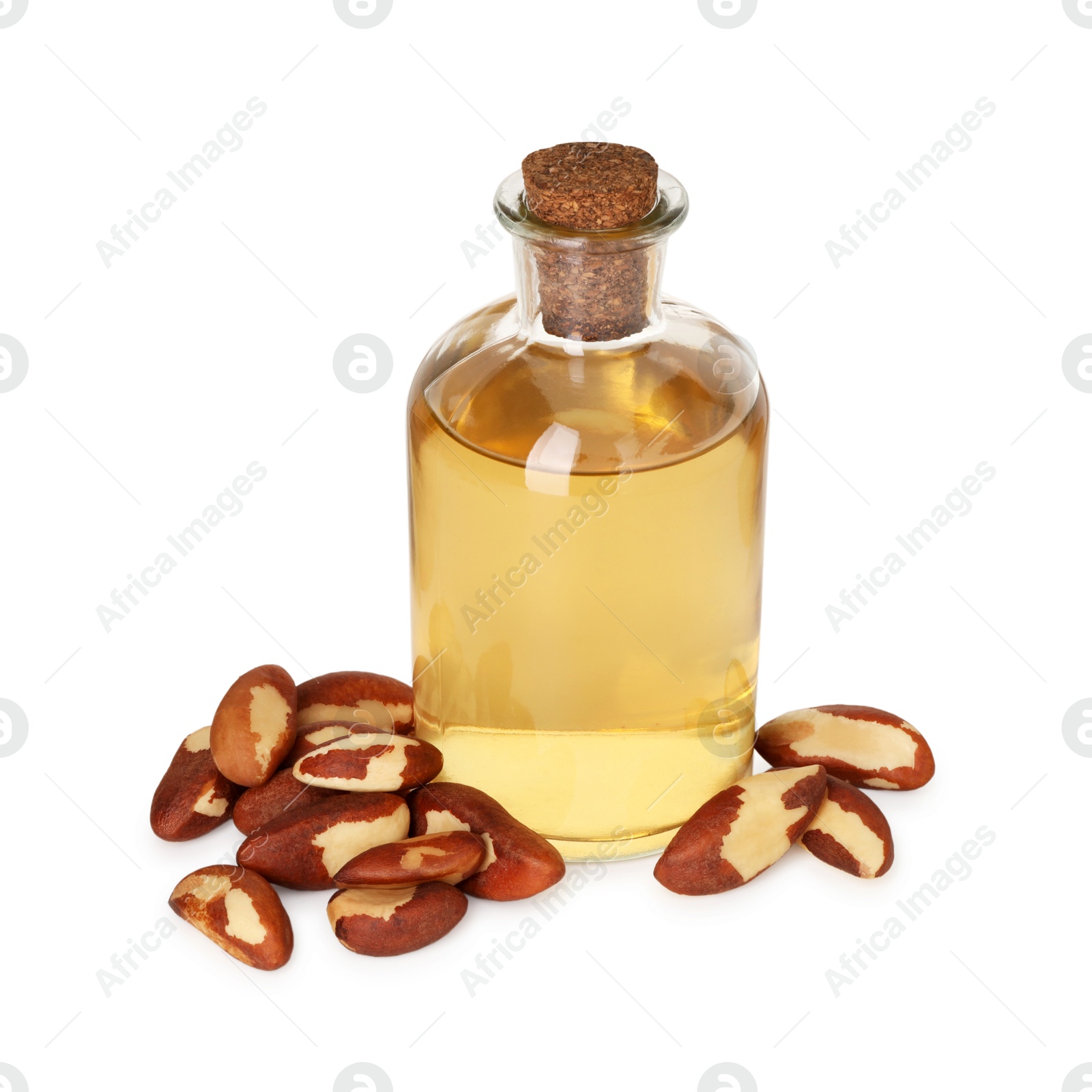 Photo of Tasty Brazil nuts and bottle with oil isolated on white