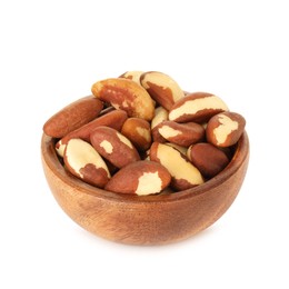 Photo of Tasty Brazil nuts in bowl isolated on white