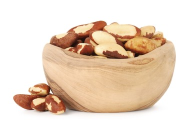 Photo of Tasty Brazil nuts in bowl isolated on white