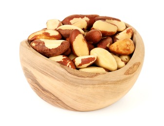 Photo of Tasty Brazil nuts in bowl isolated on white