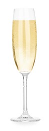 Photo of Champagne in glass isolated on white. Sparkling wine