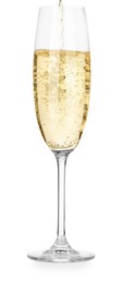 Pouring champagne into glass isolated on white