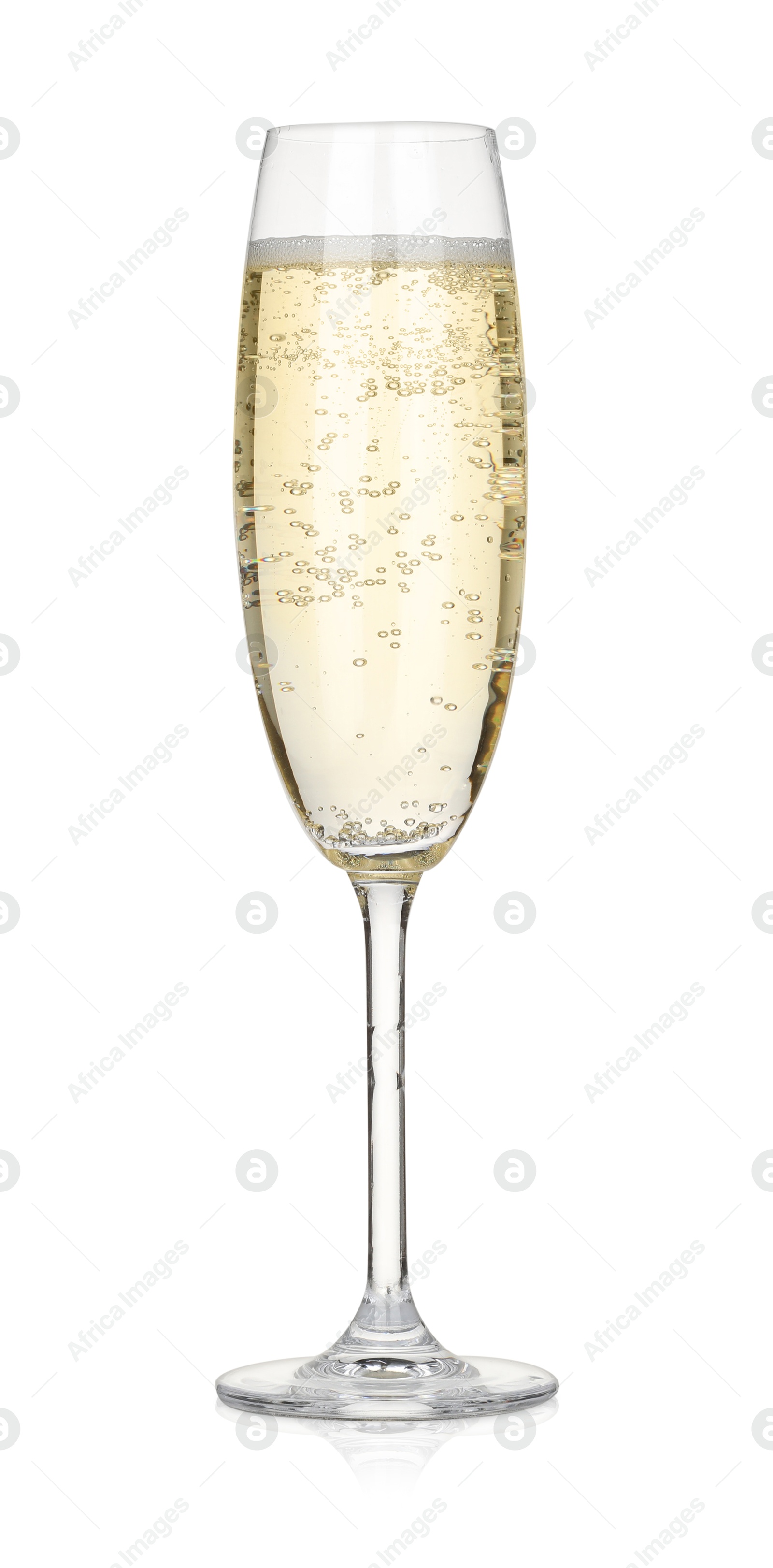 Photo of Champagne in glass isolated on white. Sparkling wine