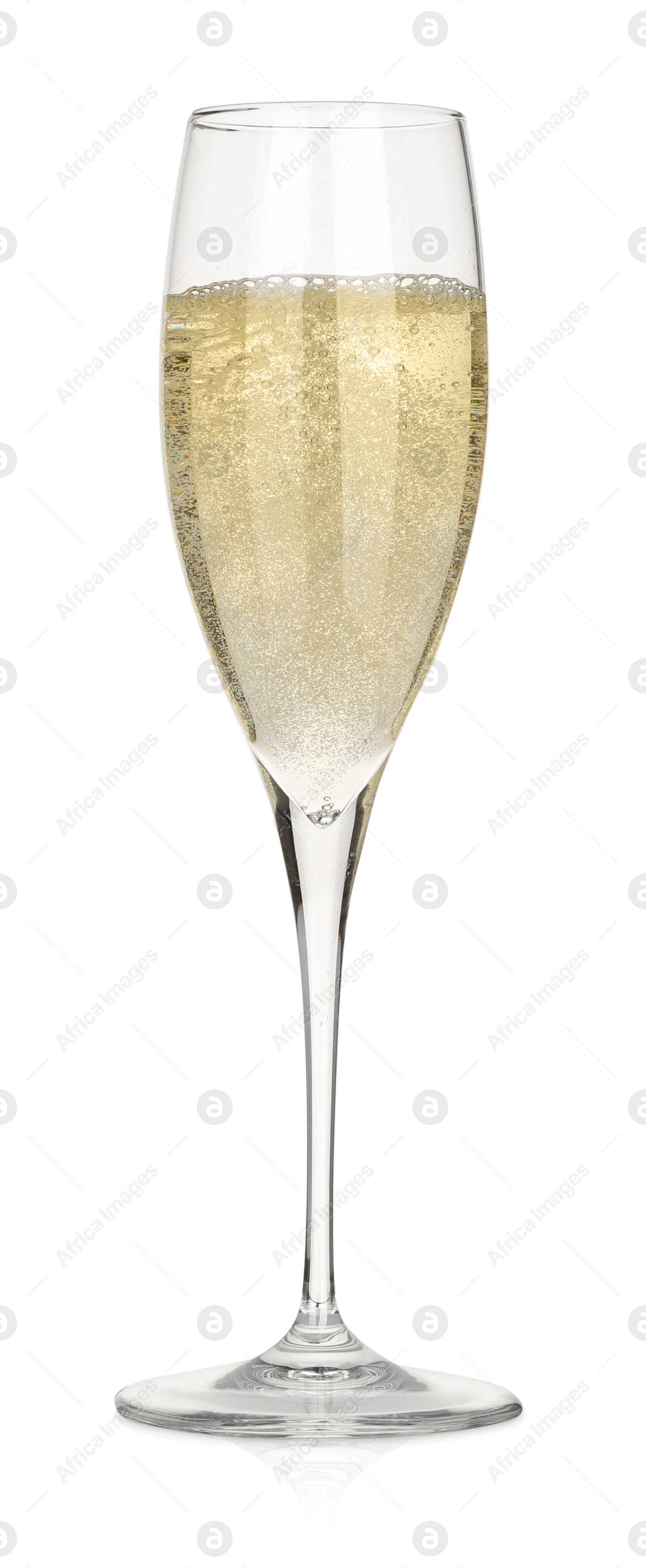 Photo of Champagne in glass isolated on white. Sparkling wine