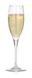 Photo of Champagne in glass isolated on white. Sparkling wine