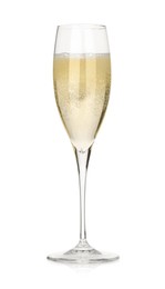 Photo of Pouring champagne into glass isolated on white