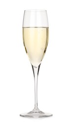 Photo of Champagne in glass isolated on white. Sparkling wine