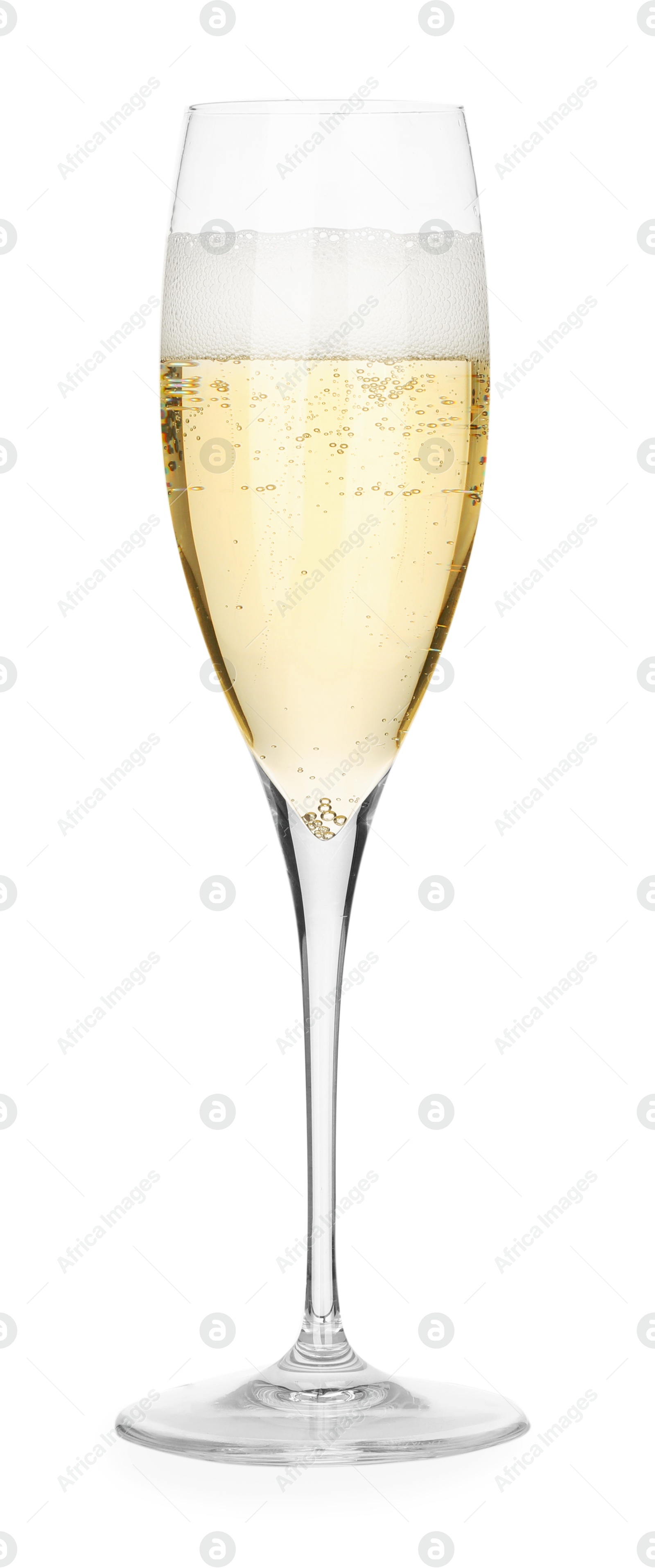 Photo of Champagne in glass isolated on white. Sparkling wine