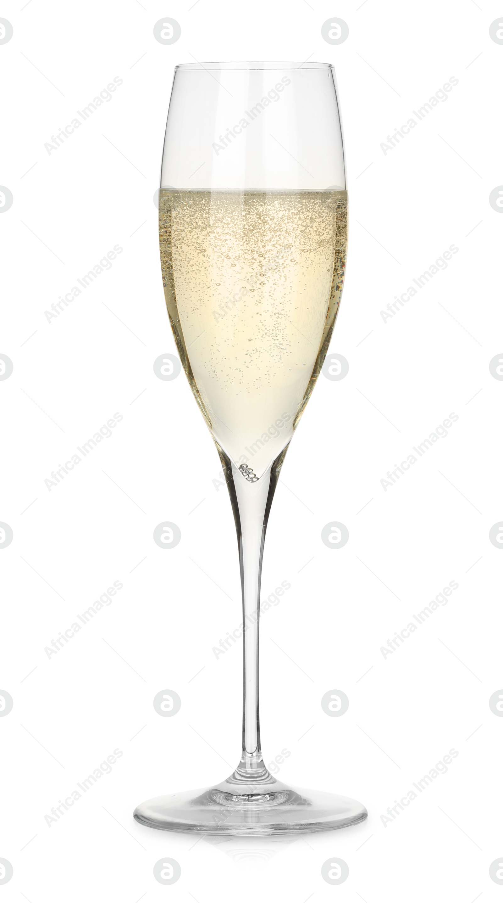 Photo of Champagne in glass isolated on white. Sparkling wine