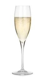 Photo of Champagne in glass isolated on white. Sparkling wine