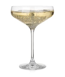 Photo of Pouring champagne into glass isolated on white