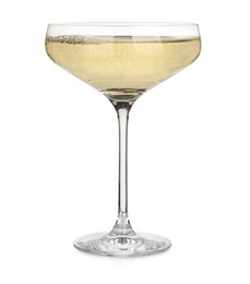 Photo of Champagne in glass isolated on white. Sparkling wine