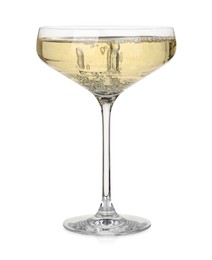 Photo of Pouring champagne into glass isolated on white