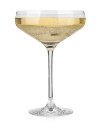 Photo of Champagne in glass isolated on white. Sparkling wine