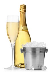 Photo of Champagne and bucket with ice isolated on white