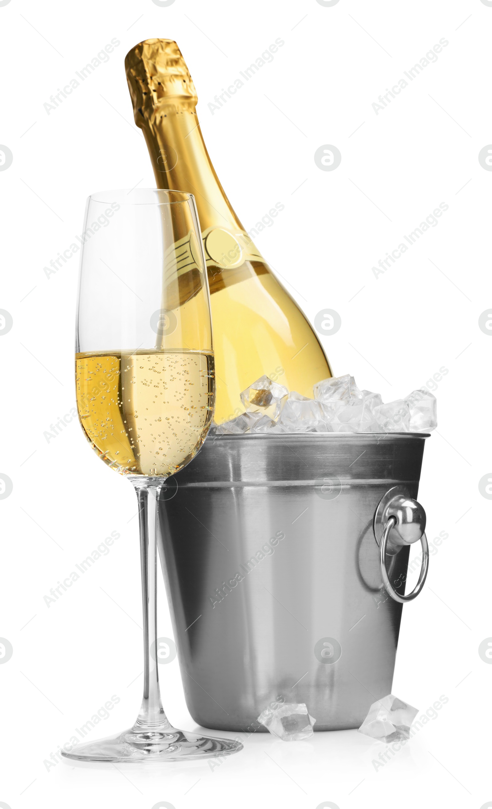 Photo of Champagne and bucket with ice isolated on white