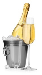 Photo of Champagne and bucket with ice isolated on white