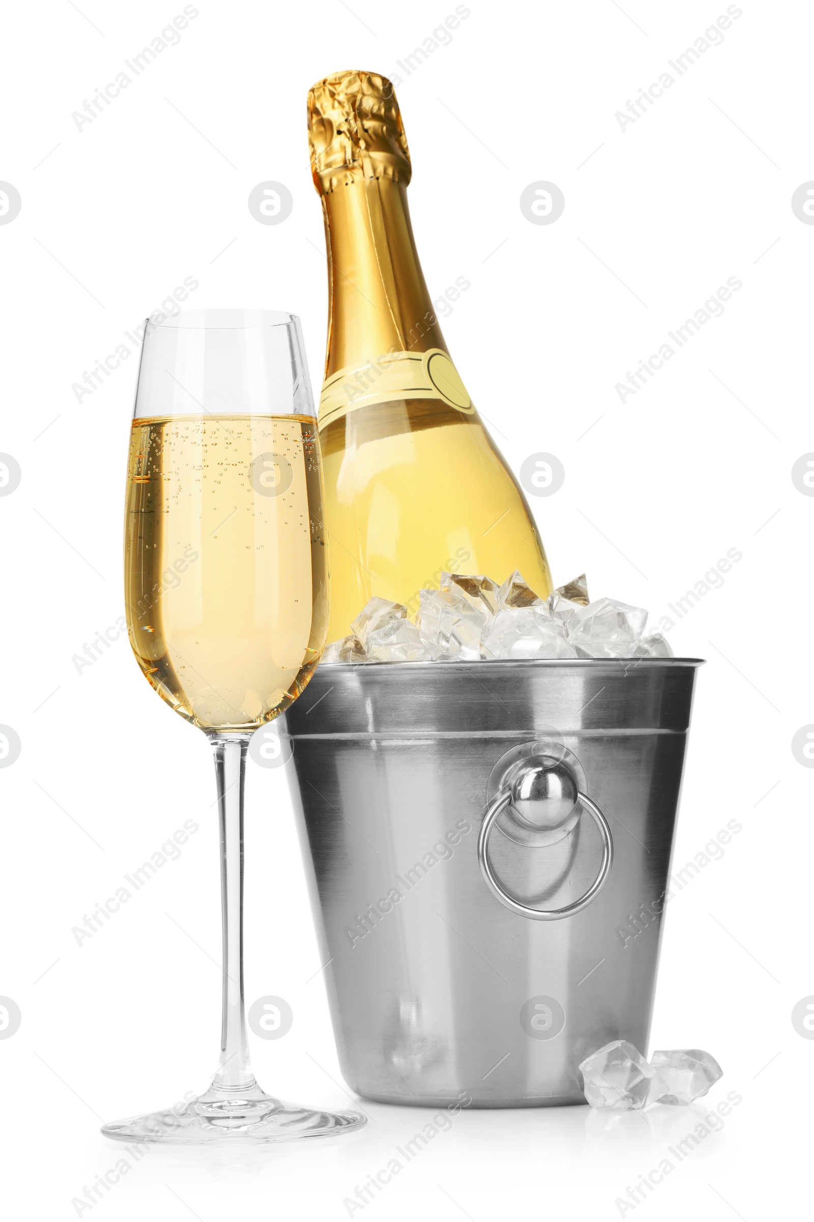 Photo of Champagne and bucket with ice isolated on white