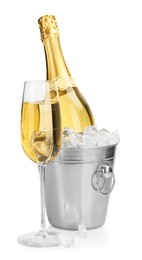 Photo of Champagne and bucket with ice isolated on white