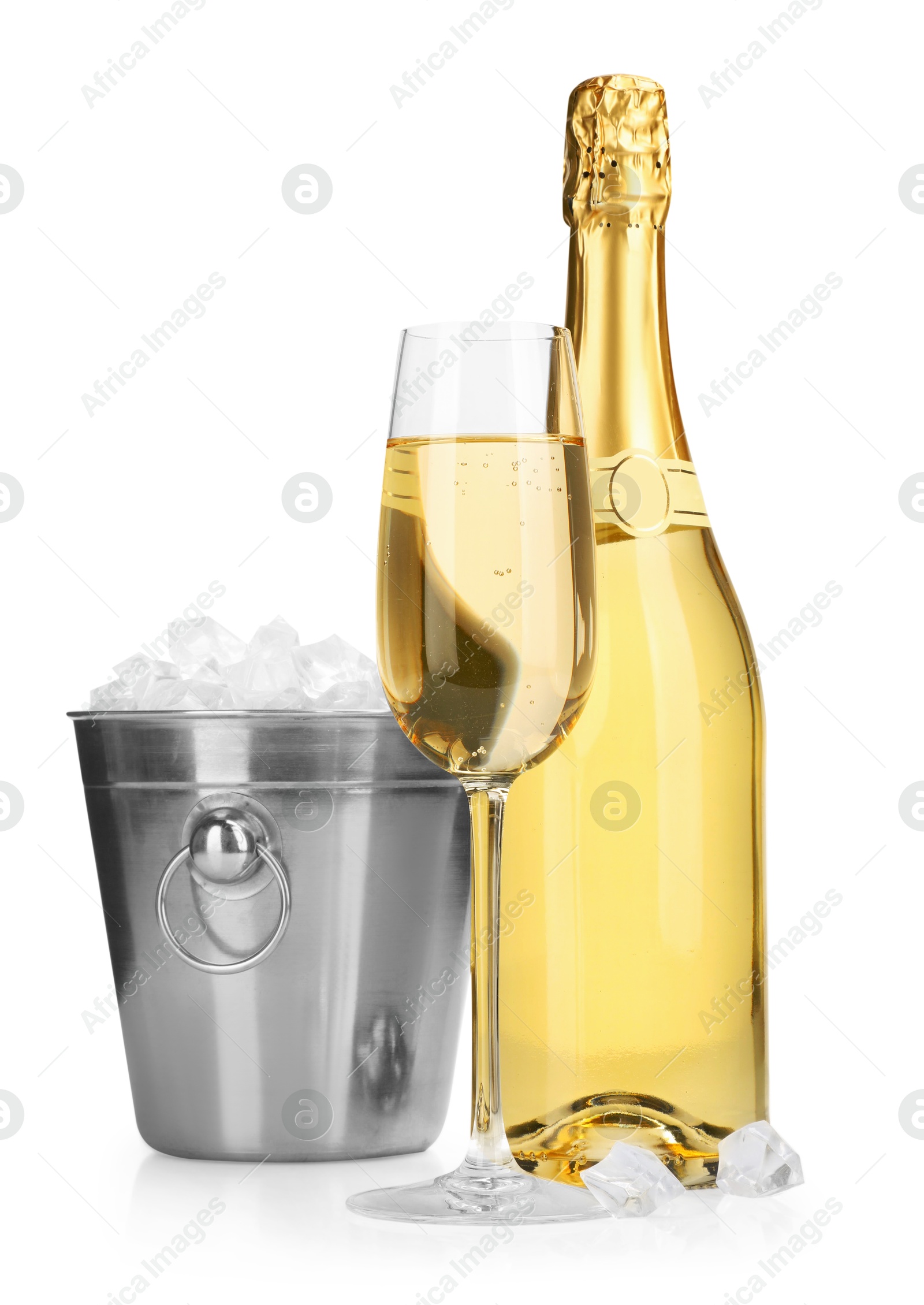 Photo of Champagne and bucket with ice isolated on white