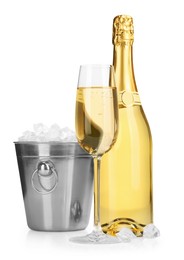 Photo of Champagne and bucket with ice isolated on white