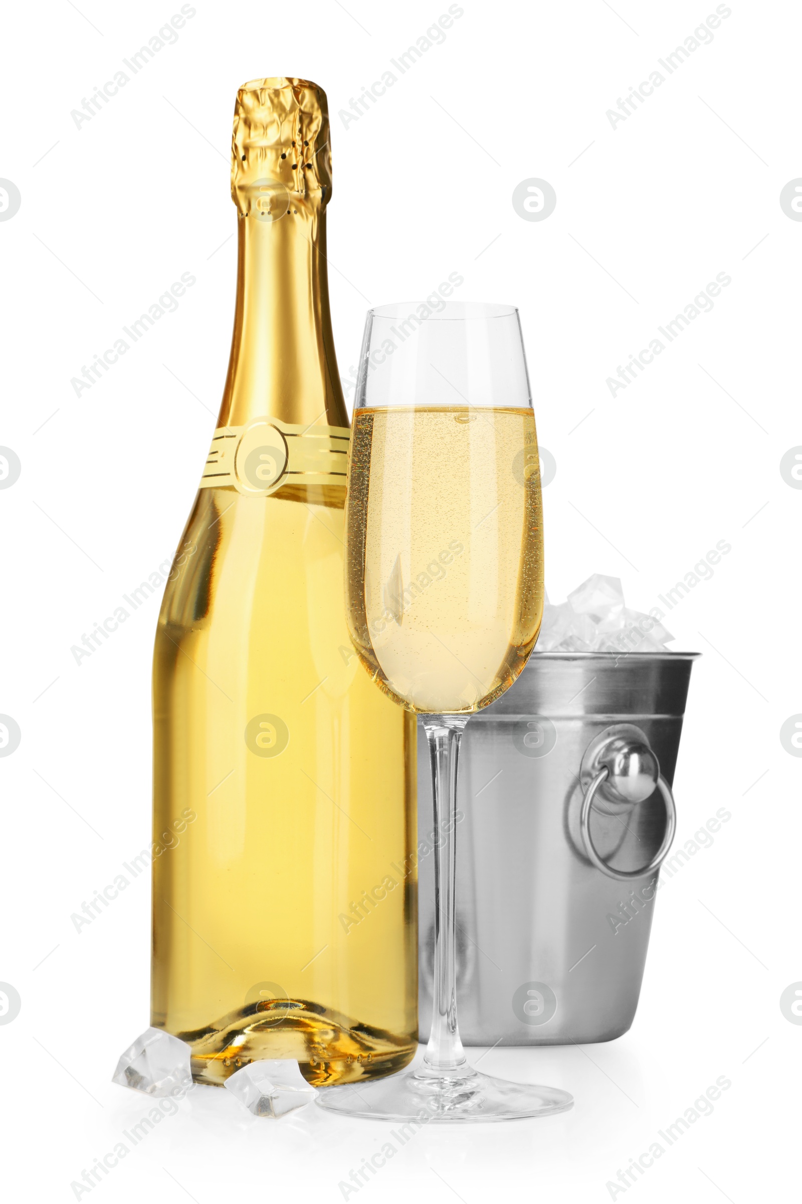 Photo of Champagne and bucket with ice isolated on white