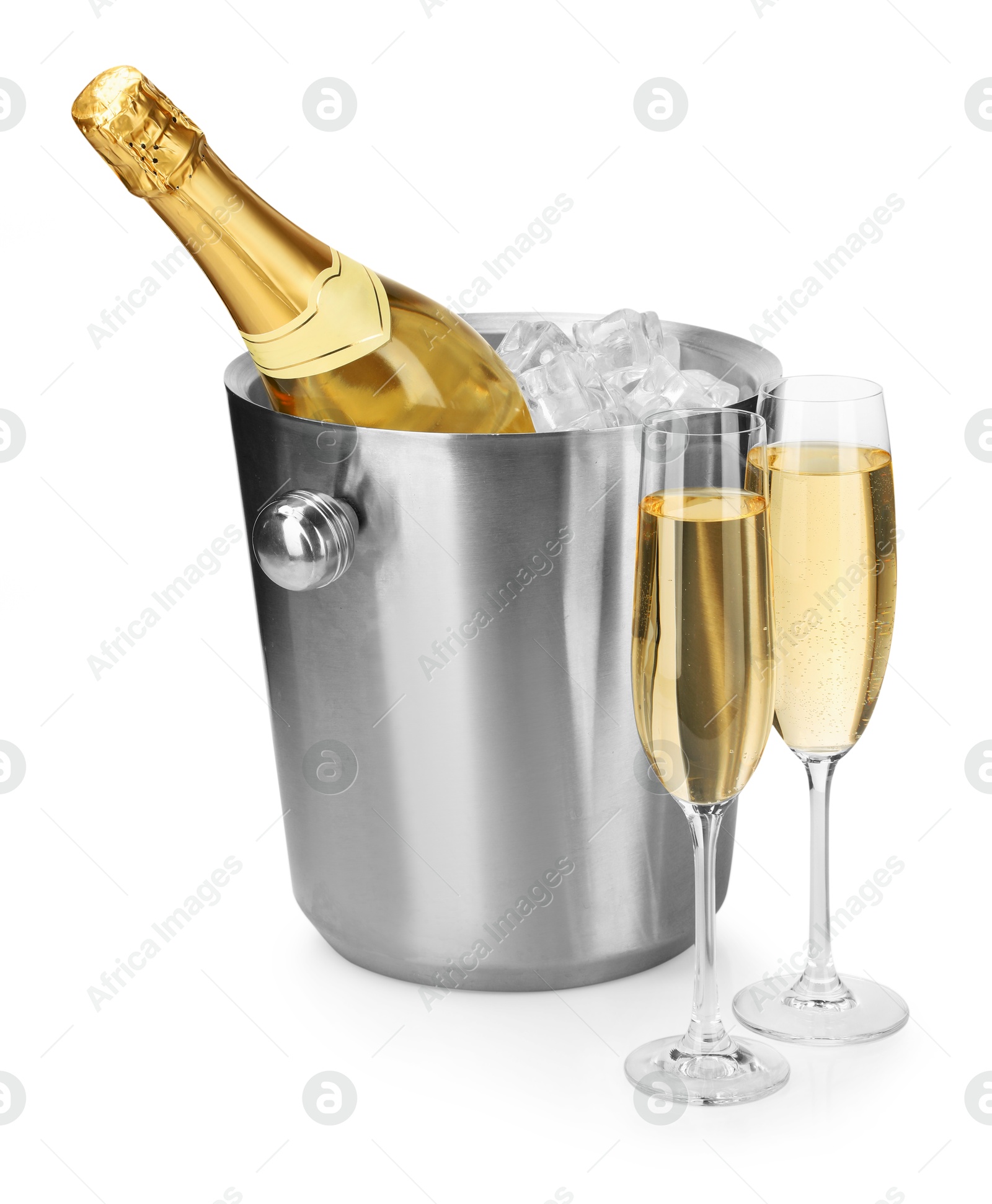 Photo of Champagne and bucket with ice isolated on white